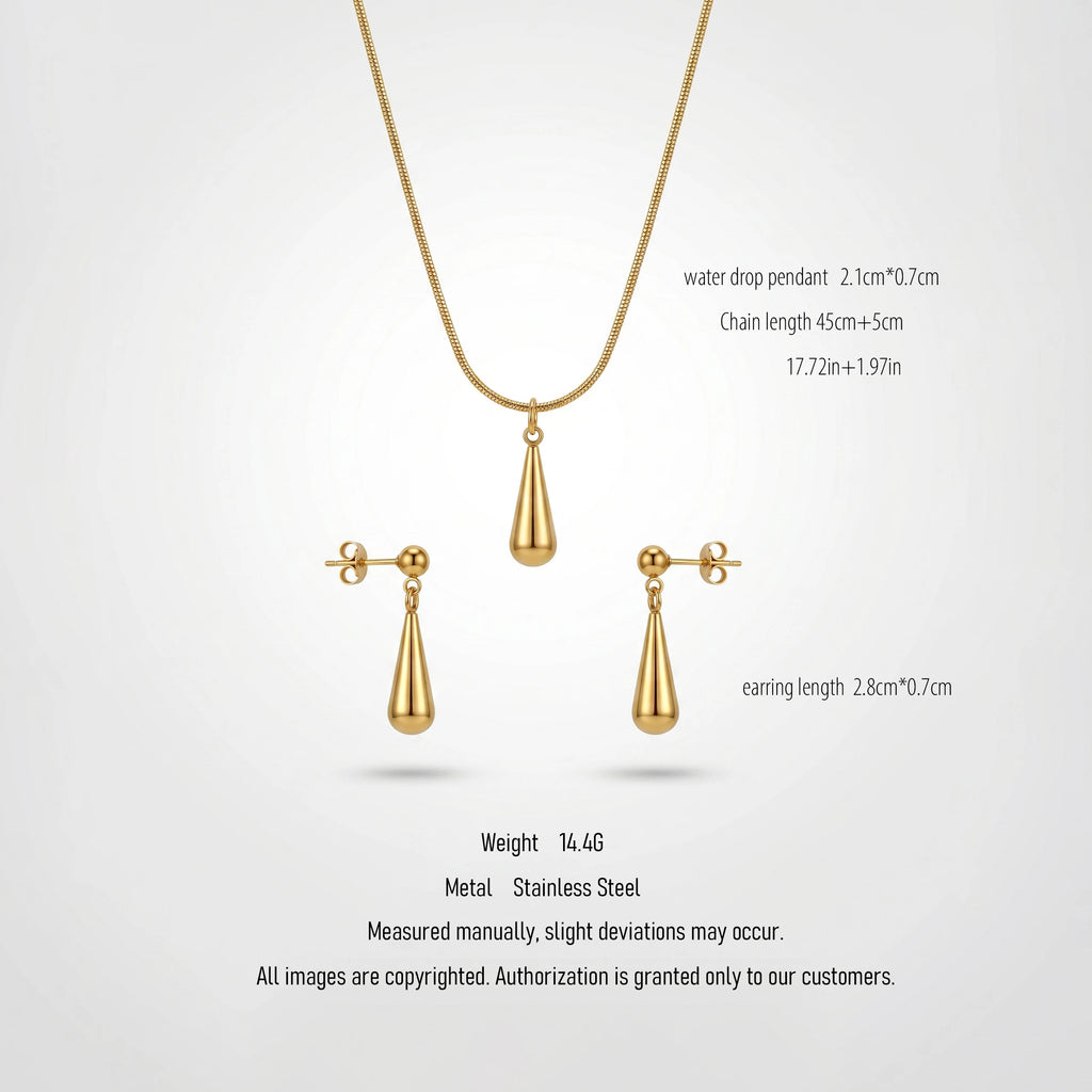 QIAOREN 10606 Women's Teardrop Pendant Necklace Earring Set 18K Gold Plated Stainless Steel Waterproof Tarnish Free Jewelry