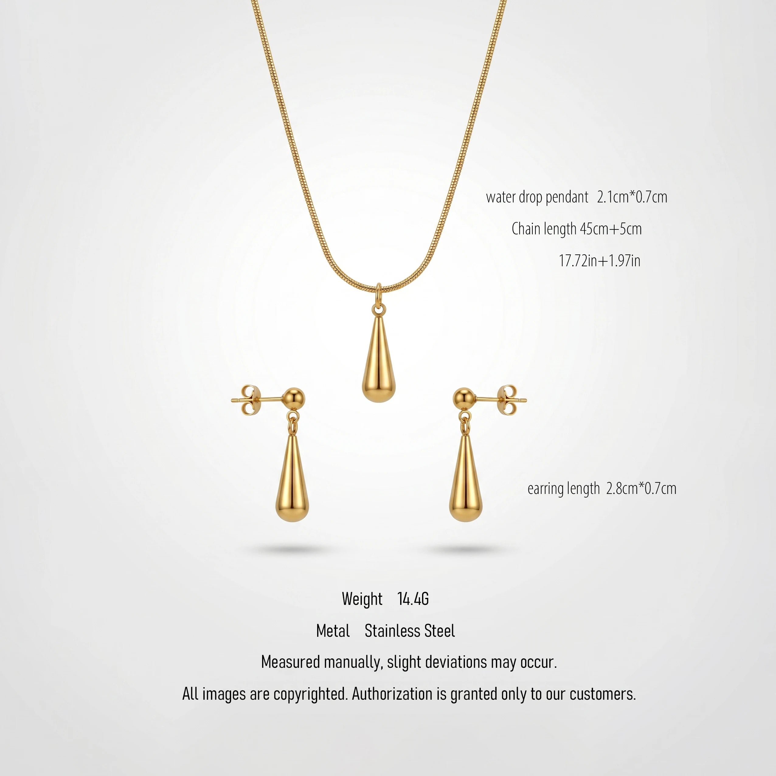 QIAOREN 10606 Women's Teardrop Pendant Necklace Earring Set 18K Gold Plated Stainless Steel Waterproof Tarnish Free Jewelry