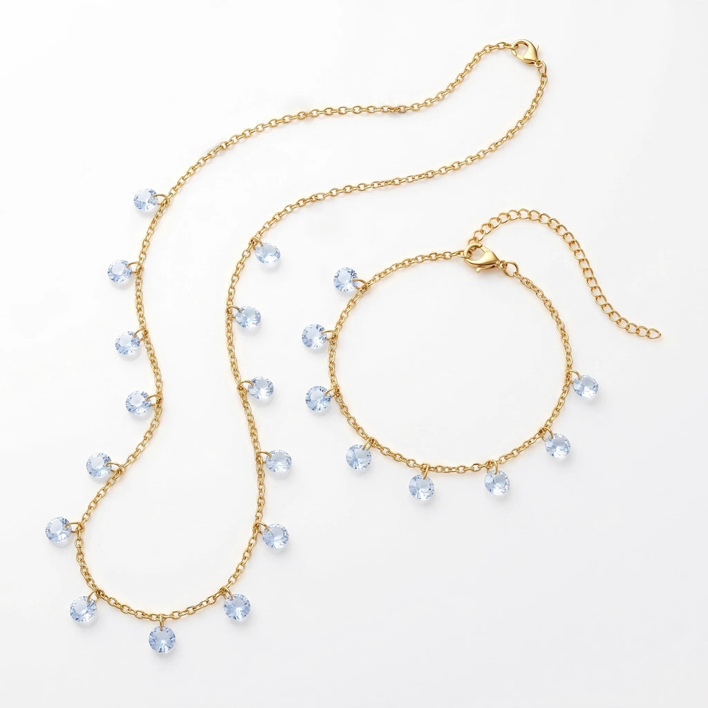 QIAOREN 11935 Waterproof Blue Zirconia Jewelry Set Stainless Steel Gold Station Dangle Necklace Bracelet Gift for Women US
