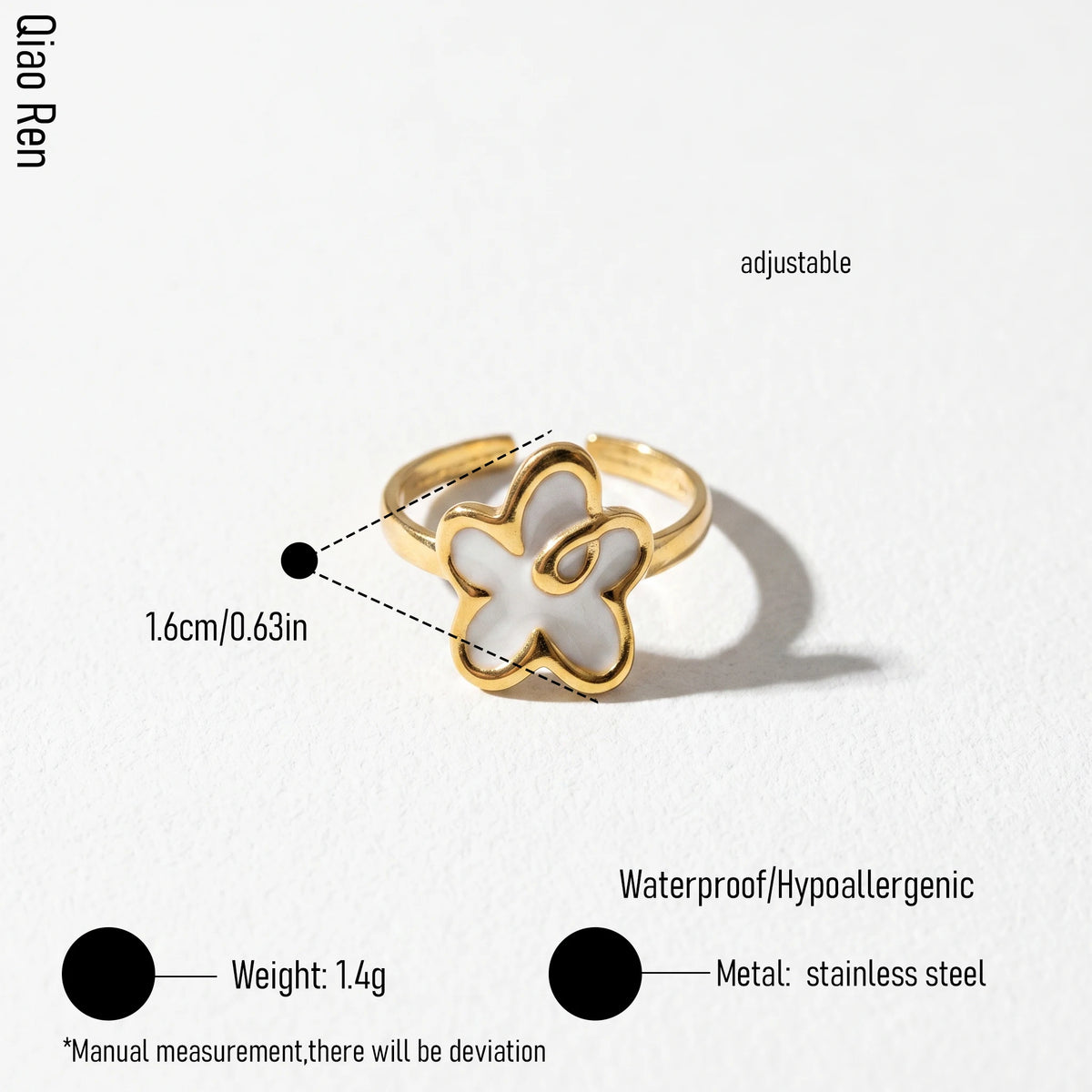 QIAOREN 14197-201 Flower & Sunburst Open Ring Set, White Mica Inlaid Adjustable Stackable Ring Jewelry Gift for Daily Outfits