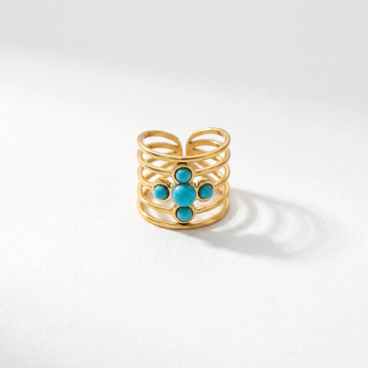 QIAOREN 5Pcs Gold Stainless Steel Turquoise Open Ring Set Irregular Hammered Crown Adjustable Boho Stackable Rings