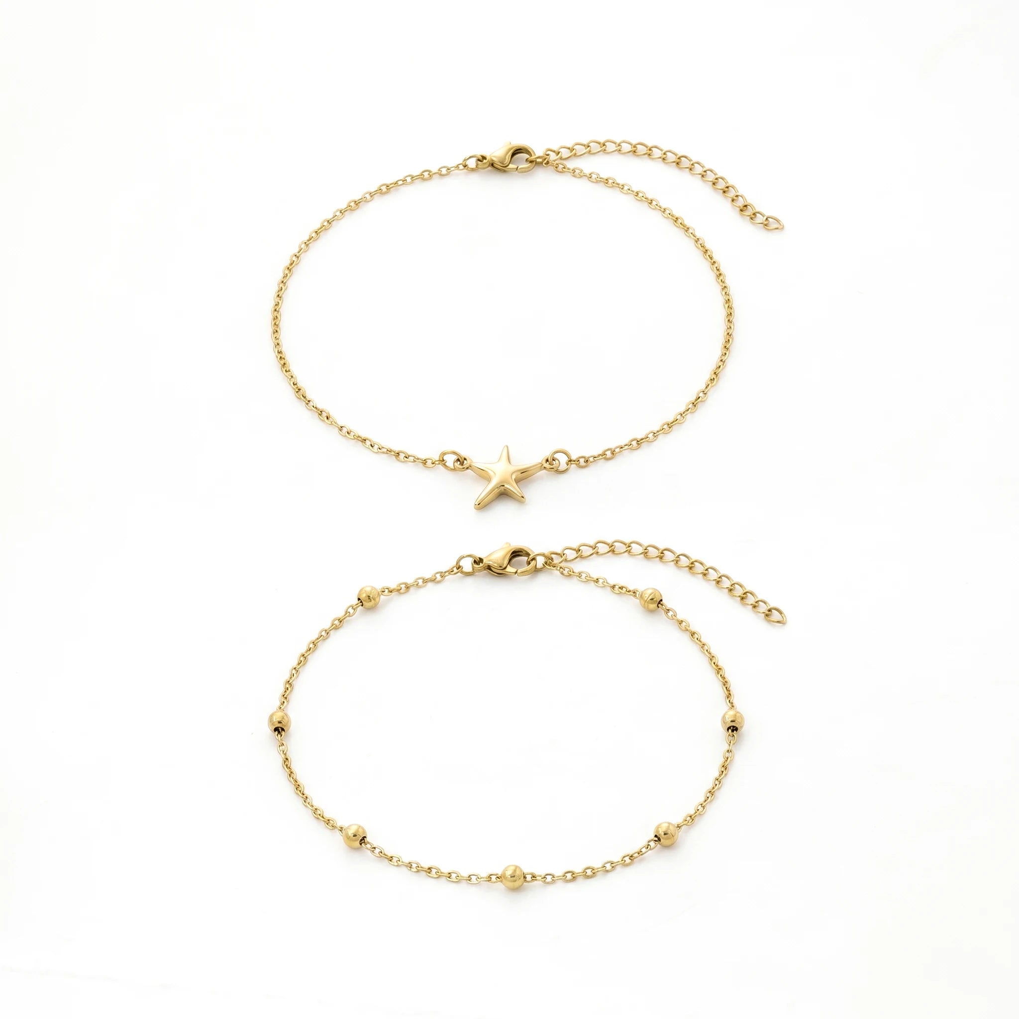 QIAOREN 11671 Tarnish Free 18K Gold Stainless Steel Anklet Set Starfish & Beaded Chain Beach Foot Jewelry