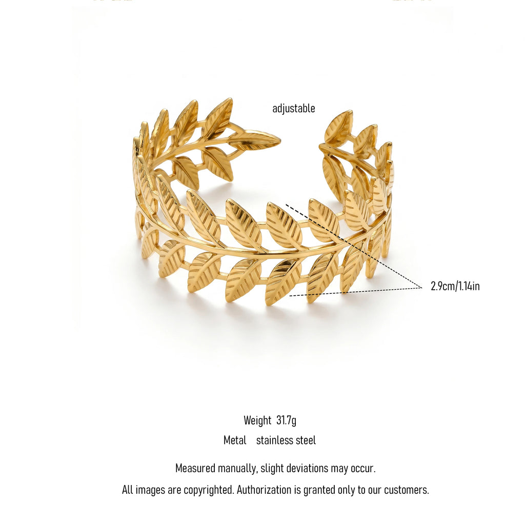 QIAOREN 11886 Boho Beach Laurel Leaf Cuff Bracelet 18K Gold Stainless Steel Greek Olive Branch Open Bangle Vacation Jewelry