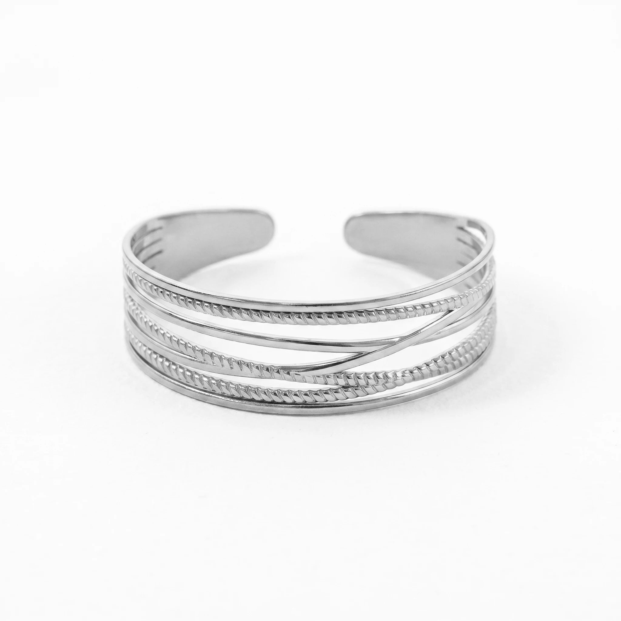 QIAOREN 10993 Luxury Layered Gold Cuff Bracelet Stainless Steel Adjustable Open Bangle for Women Beach Vacation Jewelry