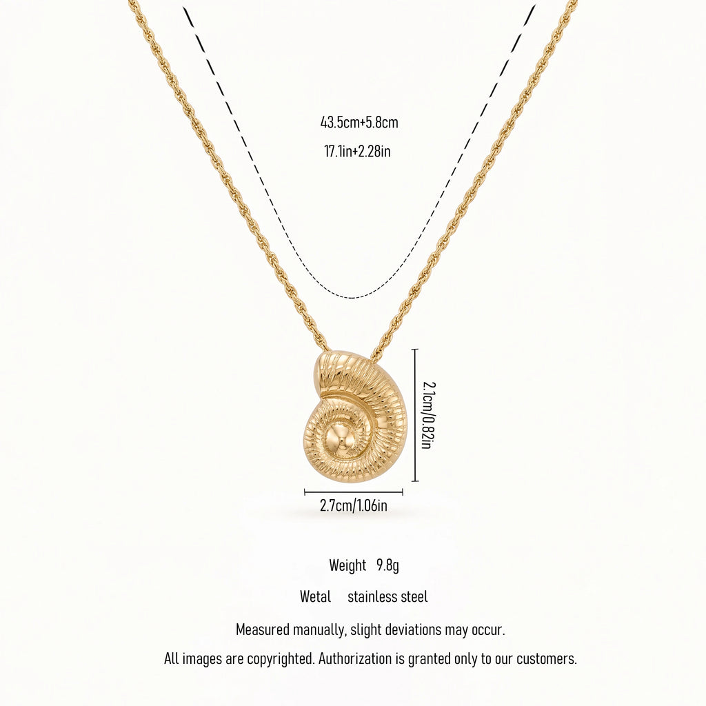 QIAOREN 11725 Retro Embossed Conch Pendant Necklace Gold Stainless Steel Twist Rope Chain Nautical Jewelry for Western Girls