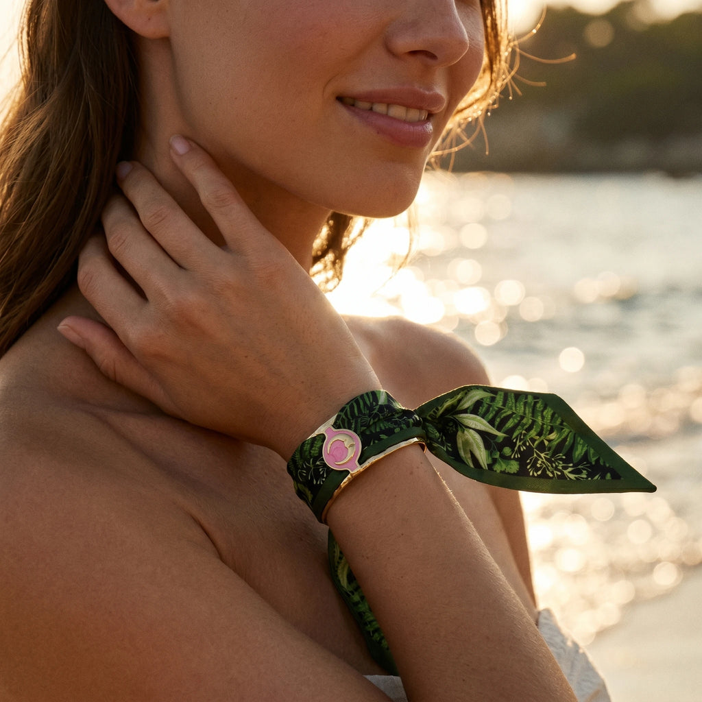 QIAOREN 11005 Tropical Leaf Print Scarf Bracelet Gold Stainless Steel Adjustable Cuff Beach Vacation Jewelry for Women