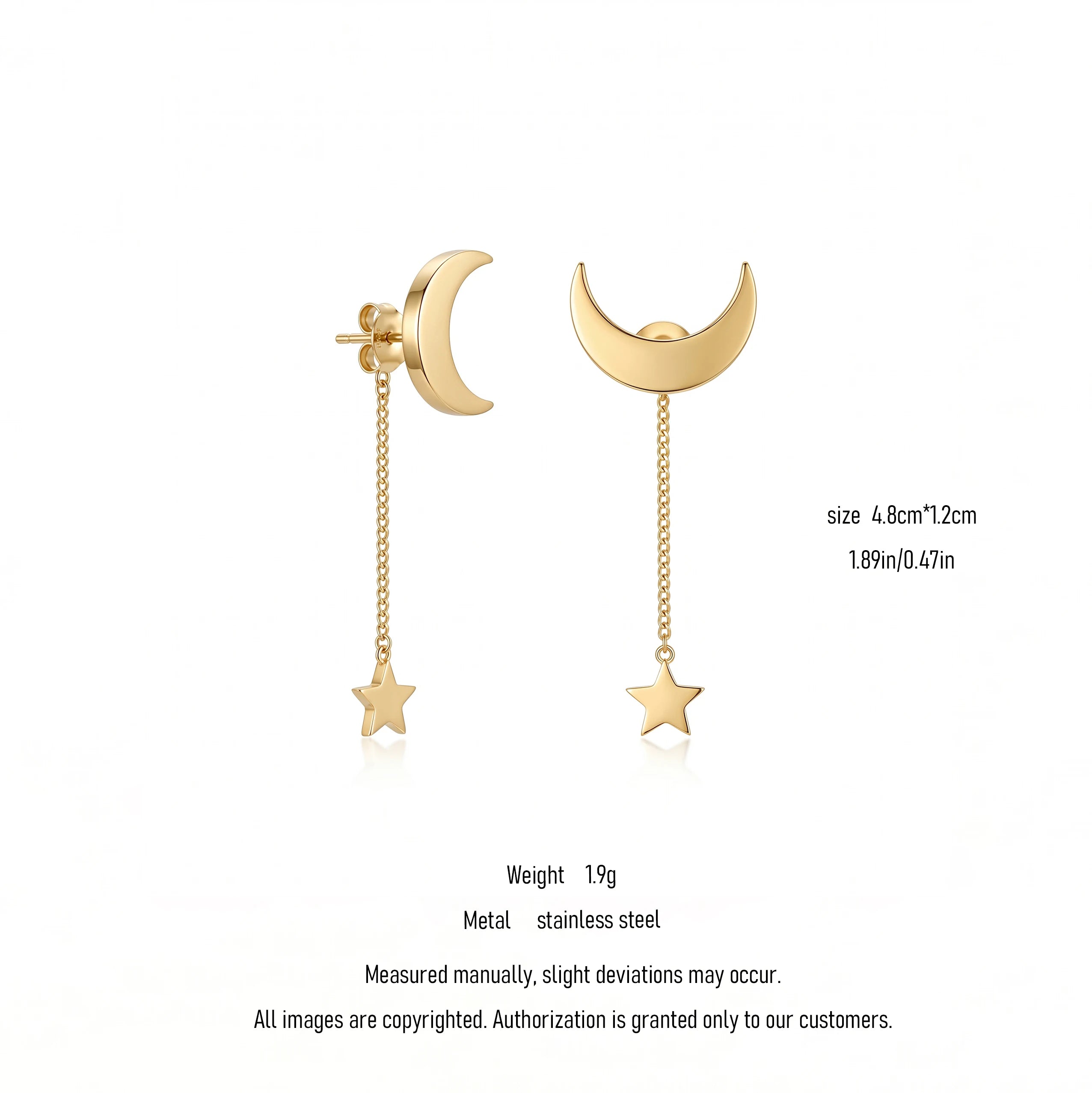 QIAOREN 10839 Dainty Moon Star Chain Drop Earrings Stainless Steel Gold Plated for Daily Wear