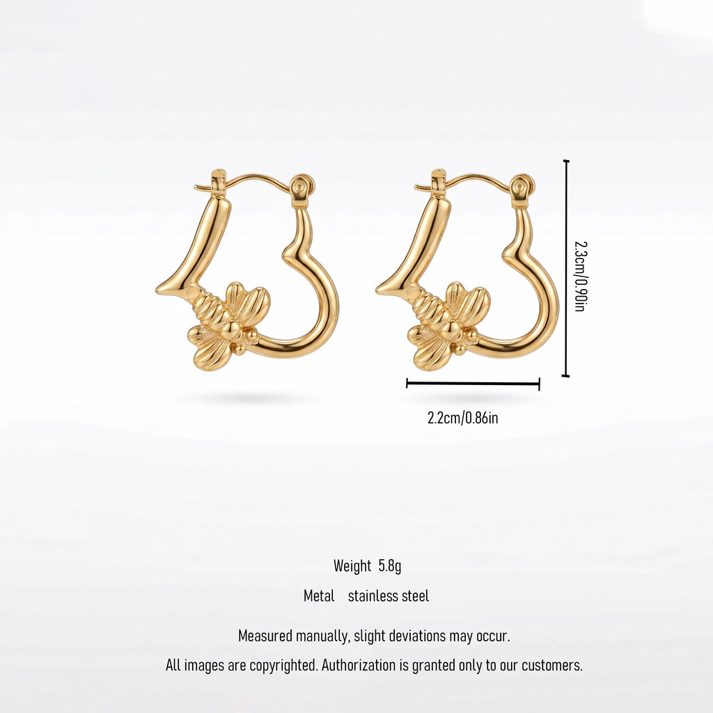 QIAOREN 12541 Sweet Bee Charm Hollow Heart Huggie Hoops Stainless Steel 18K Gold Plated Trendy Click Earrings Daily Outfit
