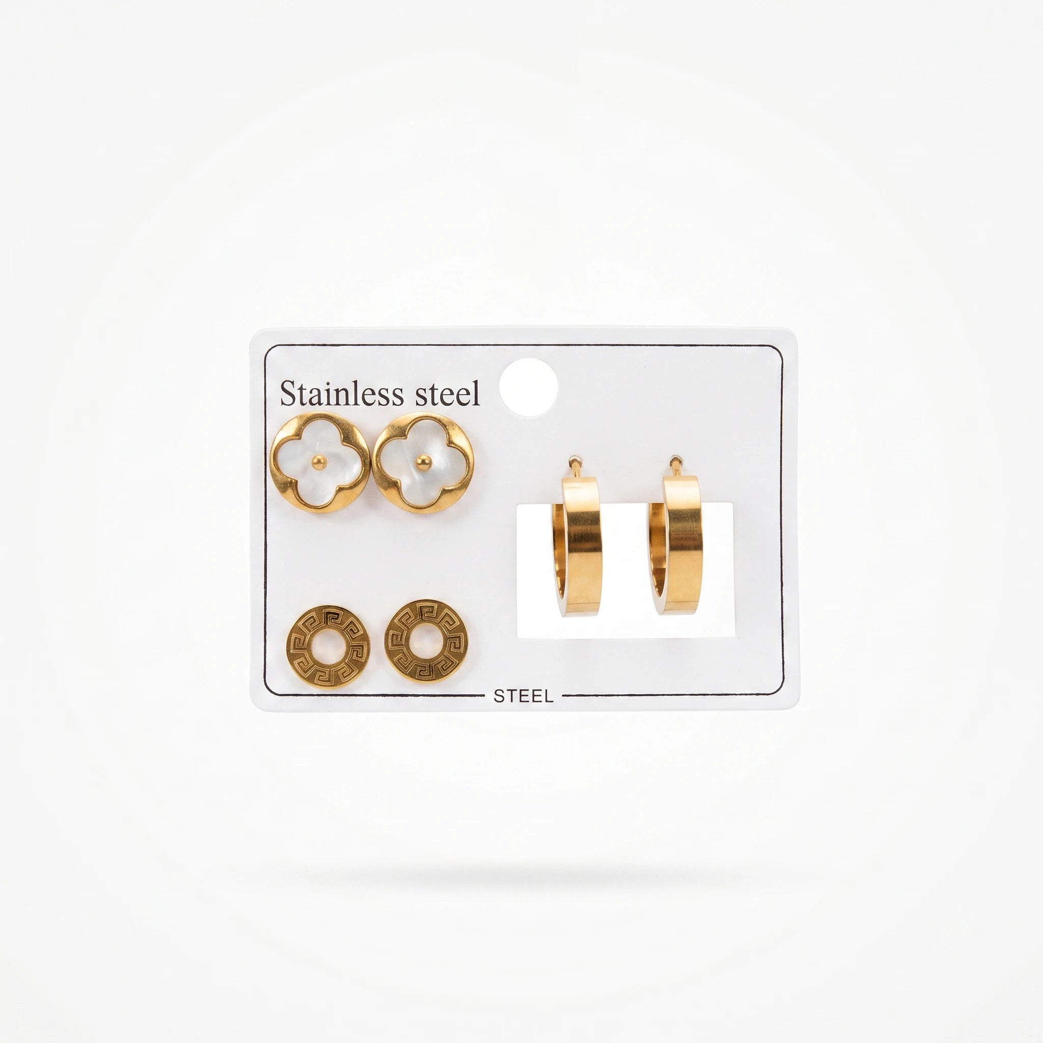 QIAOREN 14483 3 Pairs Gold Stainless Steel Earrings Set, Shell Clover Studs, Retro Greek Key Circle Studs & Thick Hoop Earrings