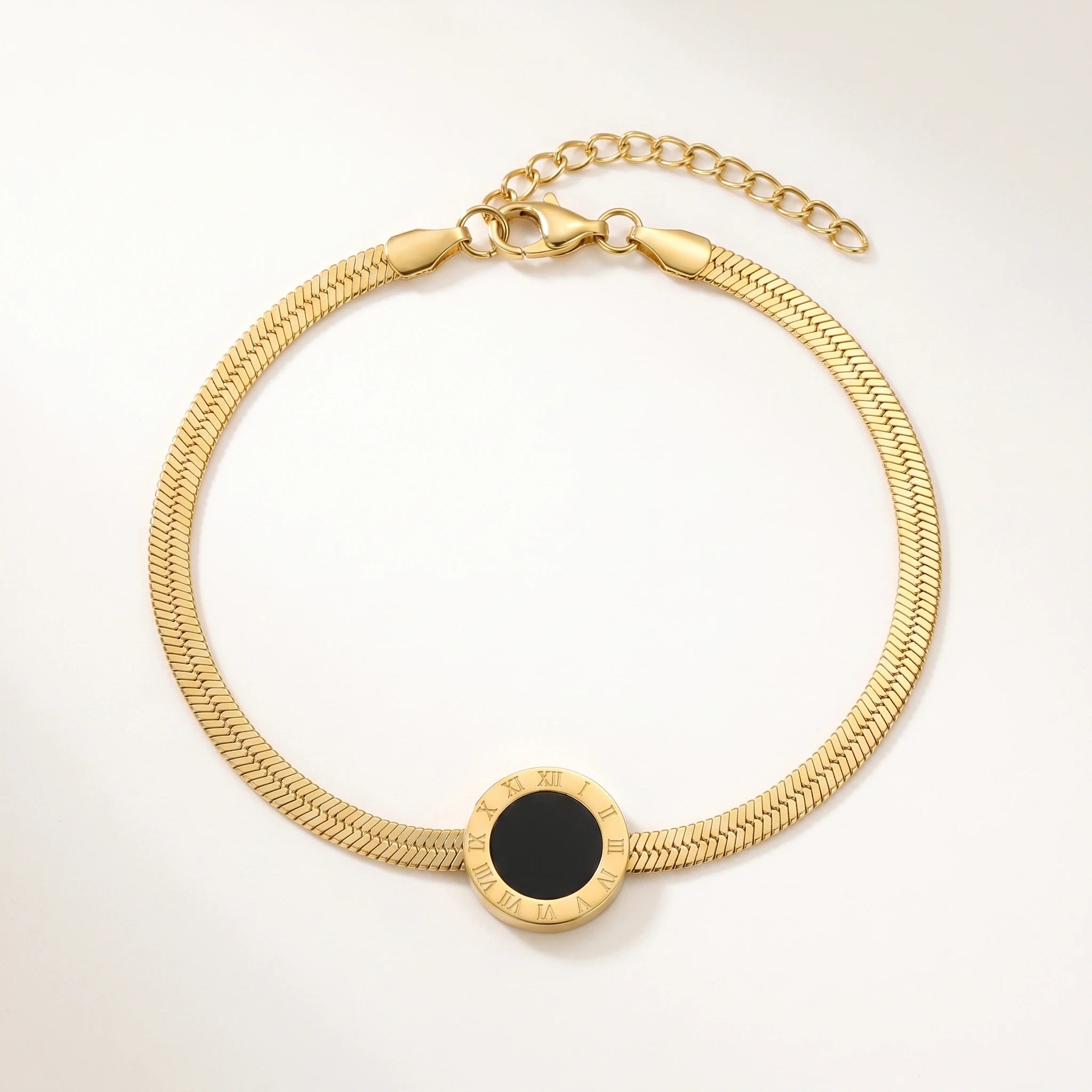 QIAOREN 11045 Luxury Gold Roman Numeral Anklet Stainless Steel Waterproof Snake Chain Beach Jewelry for Women