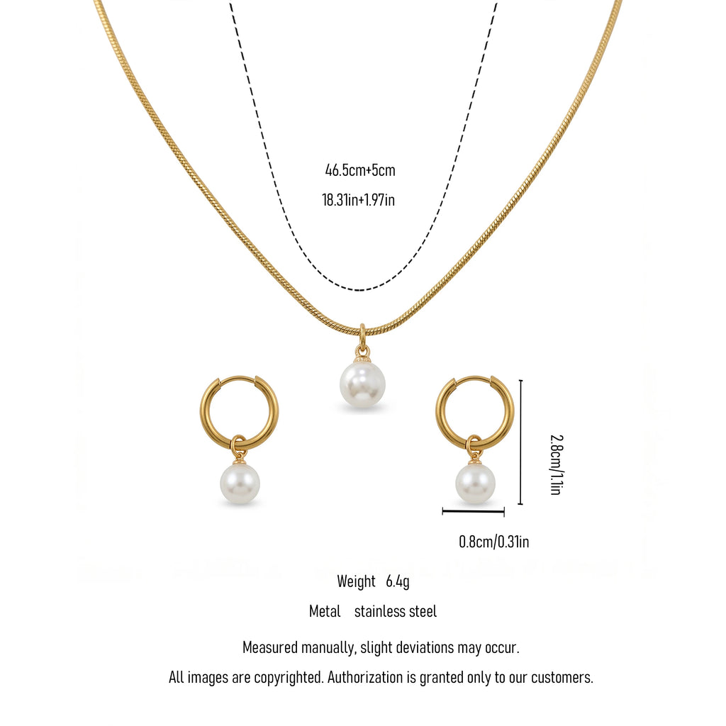 QIAOREN 11591 Elegant Minimalist Pearl Jewelry Set 18K Gold Stainless Steel Necklace and Hoop Earrings for Women