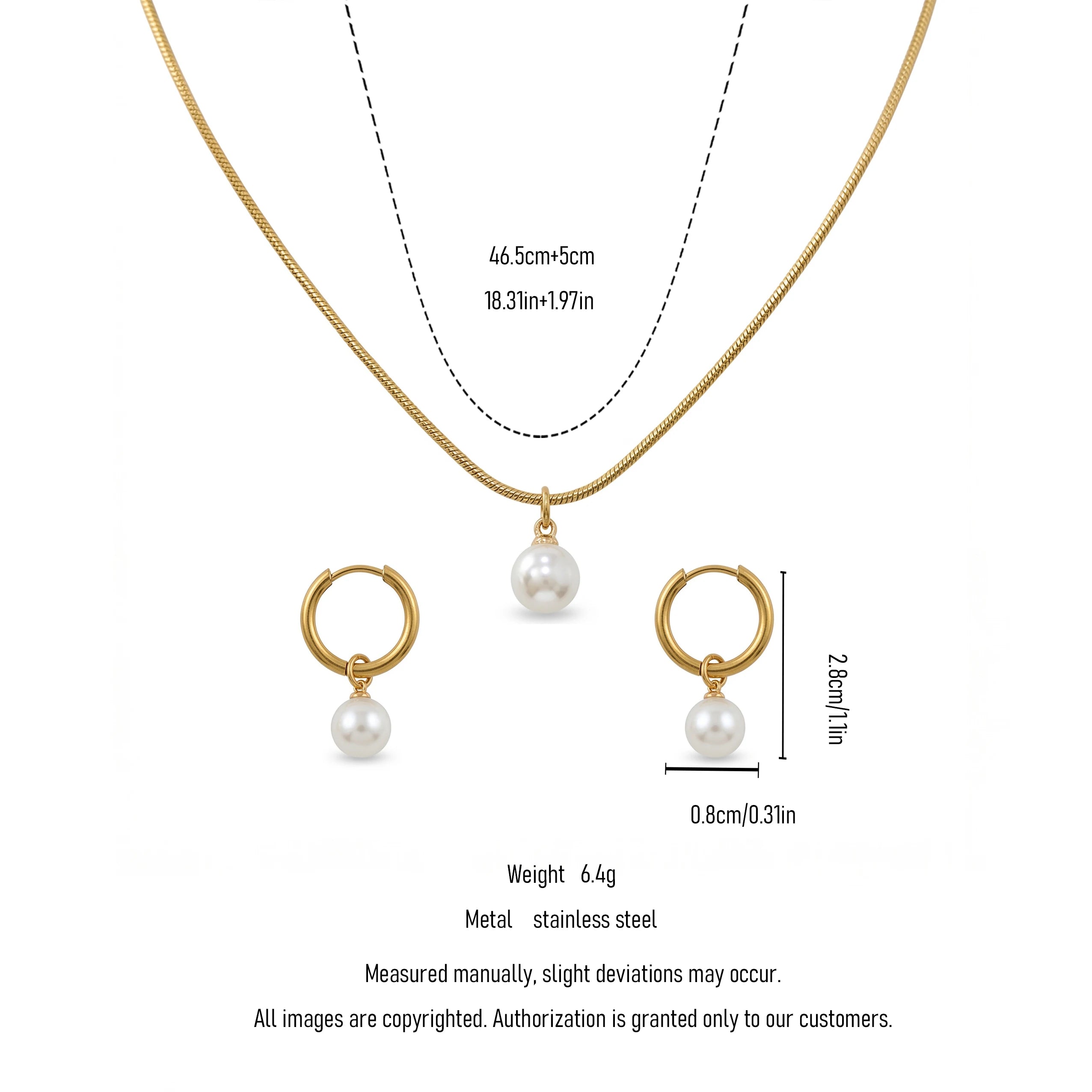 QIAOREN 11591 Elegant Minimalist Pearl Jewelry Set 18K Gold Stainless Steel Necklace and Hoop Earrings for Women