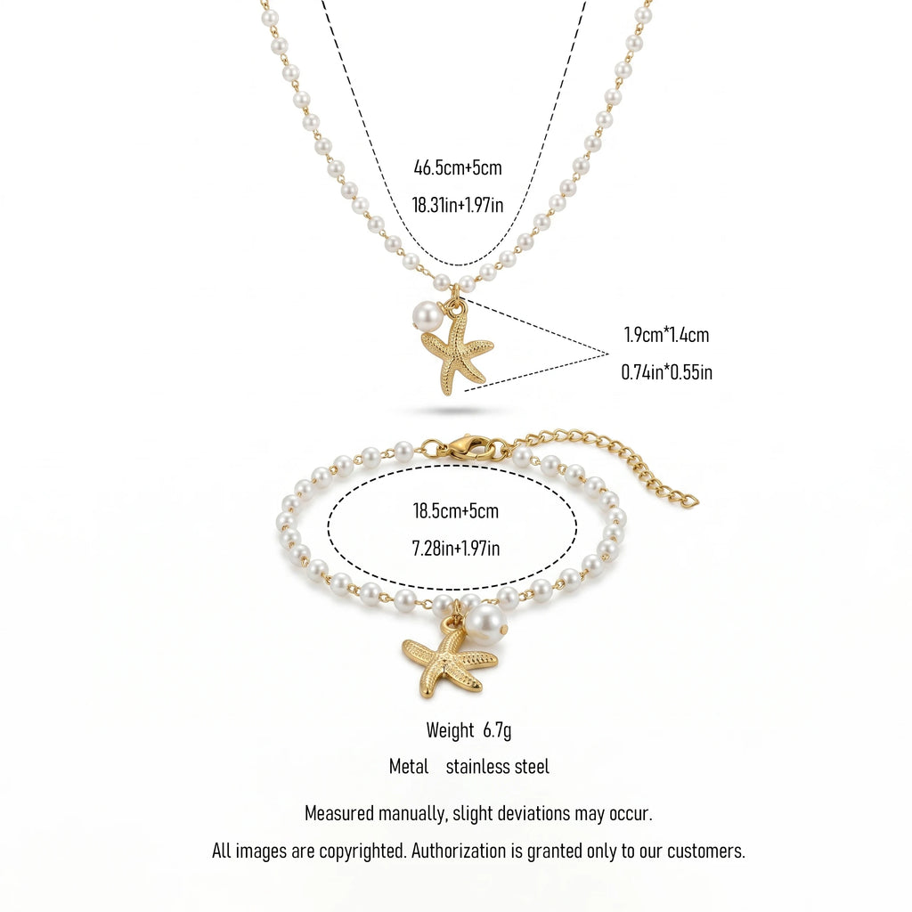 QIAOREN 11492 Waterproof Tarnish Resistant 18K Gold Plated Stainless Steel Pearl Starfish Jewelry Set