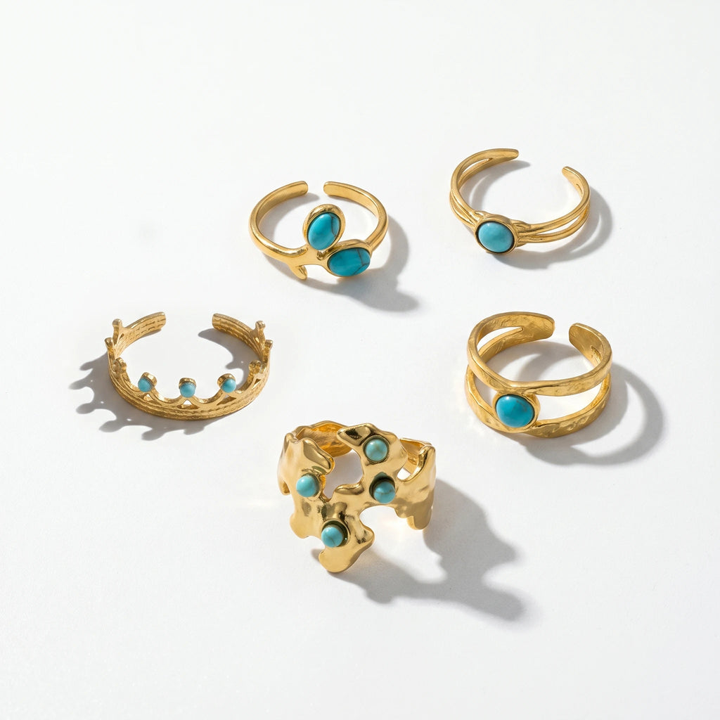 QIAOREN  5Pcs Gold Stainless Steel Turquoise Open Ring Set Irregular Hammered Crown Adjustable Boho Stackable Rings
