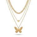 QIAOREN 11325 Dainty Chunky Figaro Chain Layered Necklace With Butterfly & Heart Charms 18K Gold Plated Stainless Steel