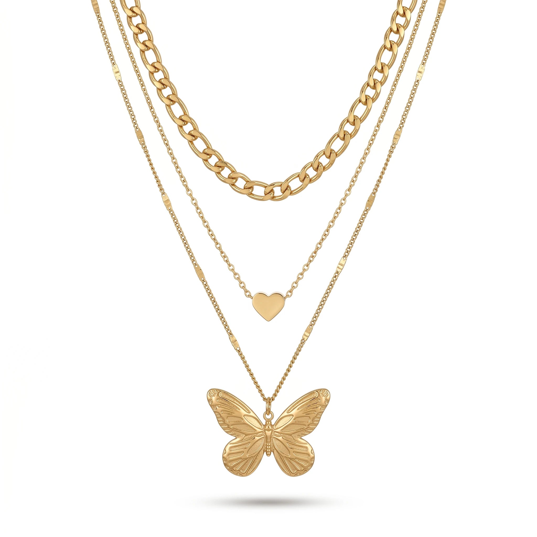 QIAOREN 11325 Dainty Chunky Figaro Chain Layered Necklace With Butterfly & Heart Charms 18K Gold Plated Stainless Steel