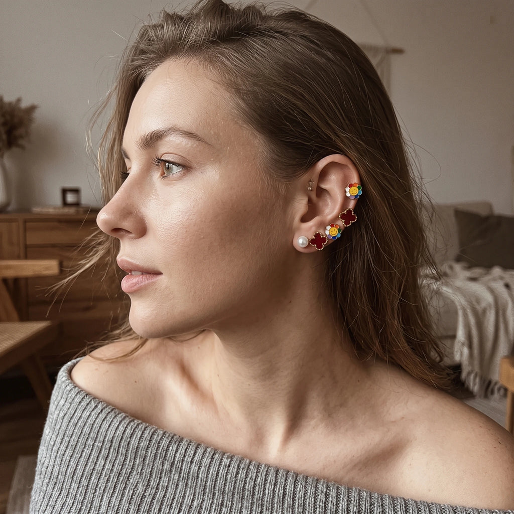 QIAOREN 14507 Stainless Steel Rainbow Smiley Flower Burgundy Clover Pearl Tiny Studs Multi Pack Cute Jewelry Gift