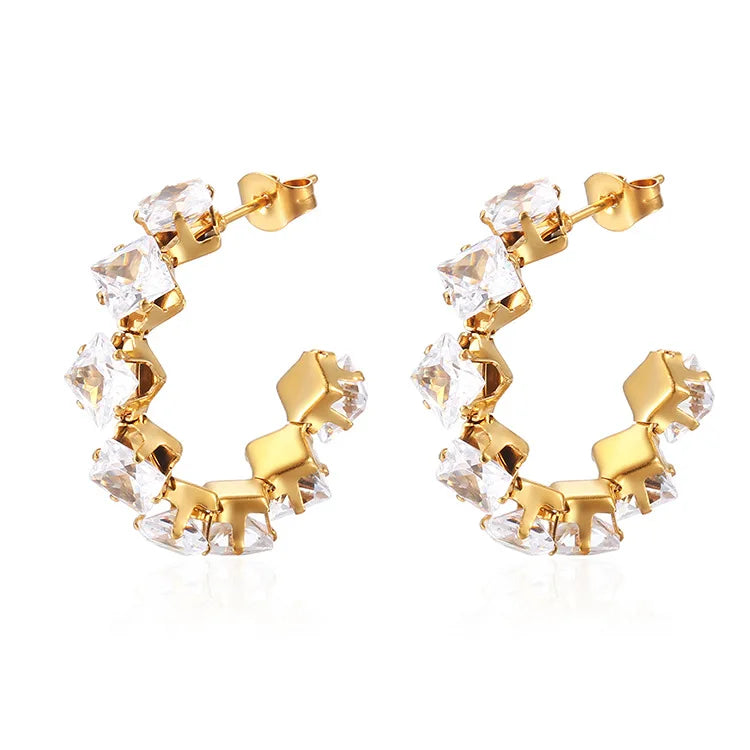 QIAOREN 12208-16  Gold Plated Stainless Steel Rainbow Square CZ Huggie Hoop Earrings