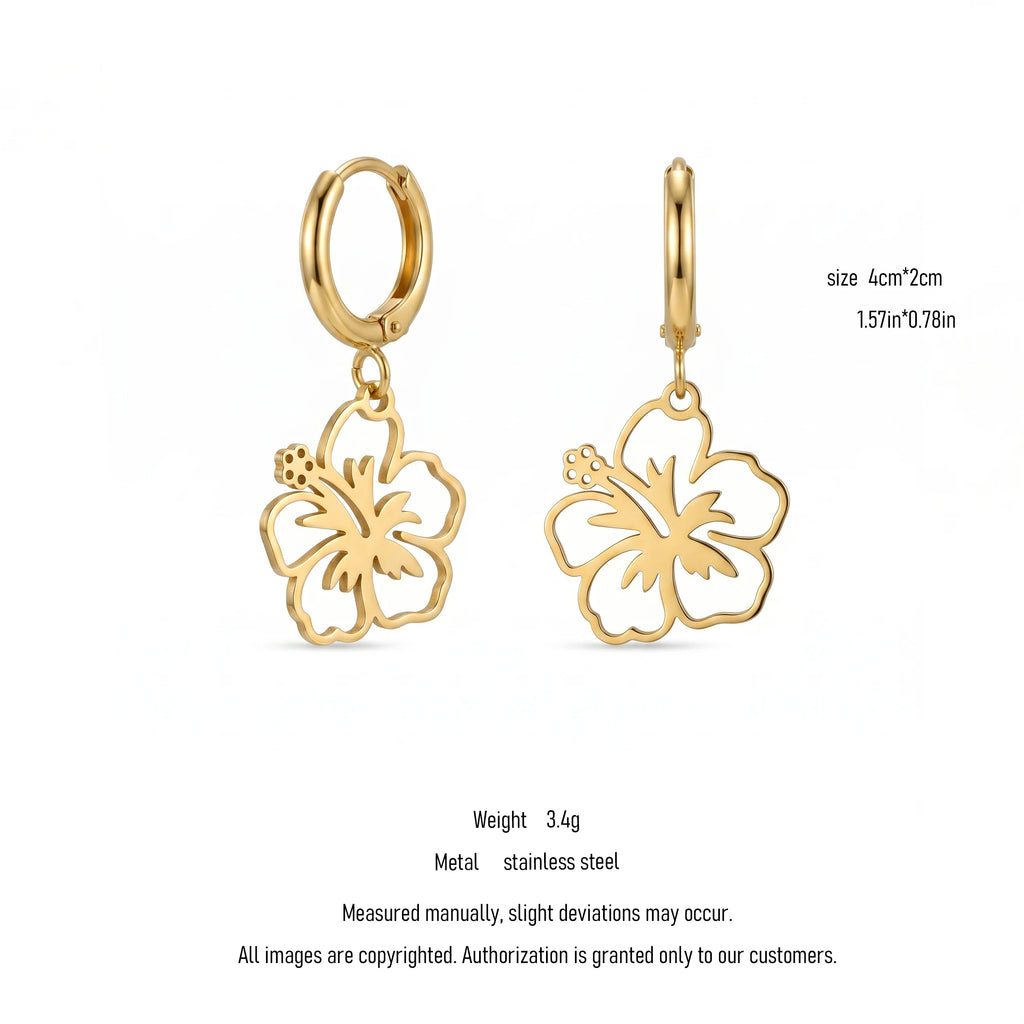 QIAOREN 10945 Hypoallergenic Stainless Steel Vintage Hollow Flower Earrings 18K Gold Plated Waterproof Tarnish Resistant Hoops