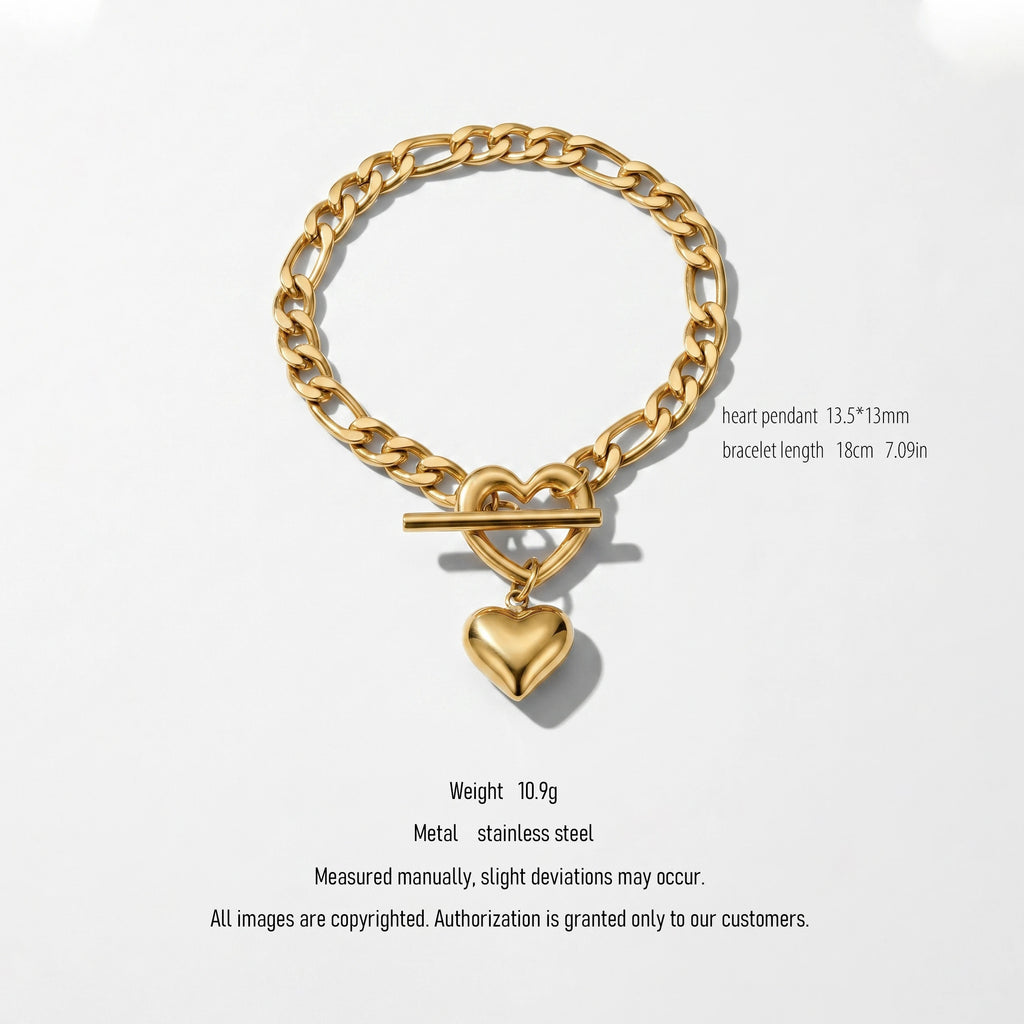 QIAOREN 10576 Chunky Sweet Edgy Heart Charm Bracelet 18K Gold Plated Stainless Steel Hypoallergenic Trendy Party Jewelry