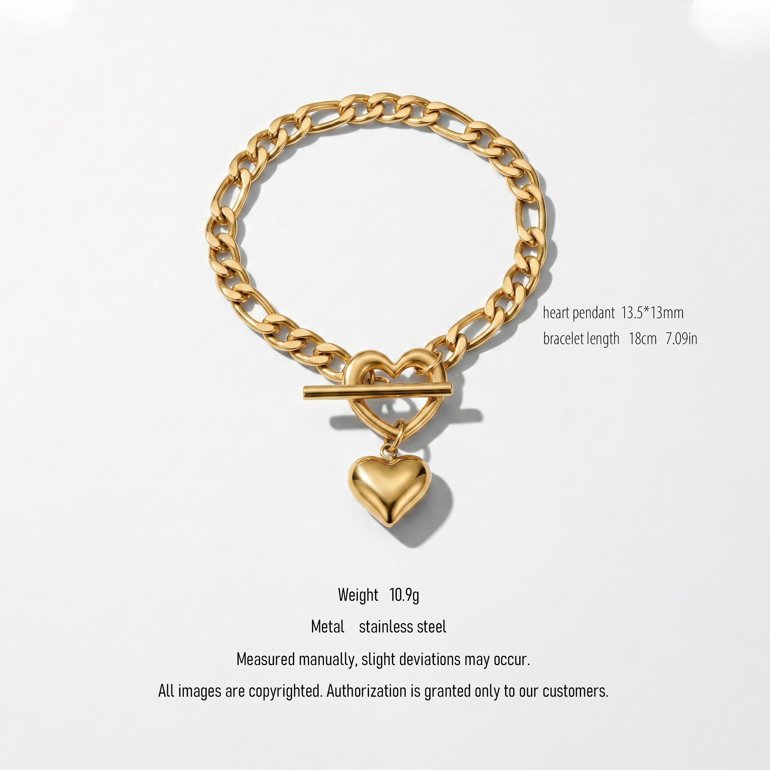 QIAOREN 10576 Chunky Sweet Edgy Heart Charm Bracelet 18K Gold Plated Stainless Steel Hypoallergenic Trendy Party Jewelry