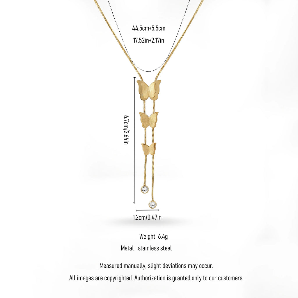 QIAOREN 13983 Smooth Snake Chain Y Drop Lariat Necklace with Three Graduated Matte Butterfly Charms & Two Round Bezel Set CZ
