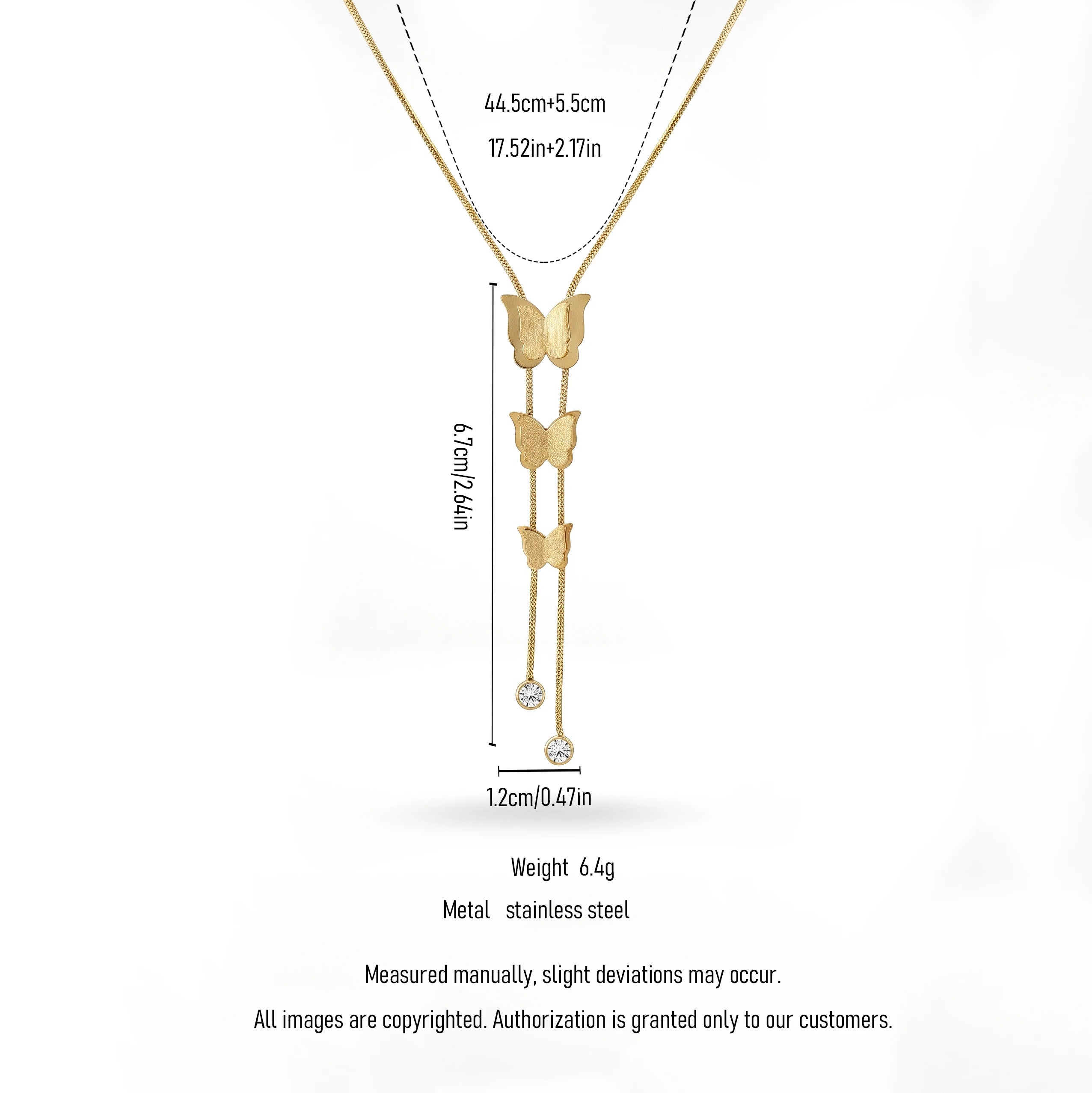 QIAOREN 13983 Smooth Snake Chain Y Drop Lariat Necklace with Three Graduated Matte Butterfly Charms & Two Round Bezel Set CZ