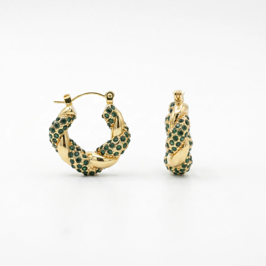 QIAOREN 12518 Waterproof Tarnish Free Black Gemstone Twisted Hoops 18K Gold Stainless Steel Bold Spiral Earrings Women