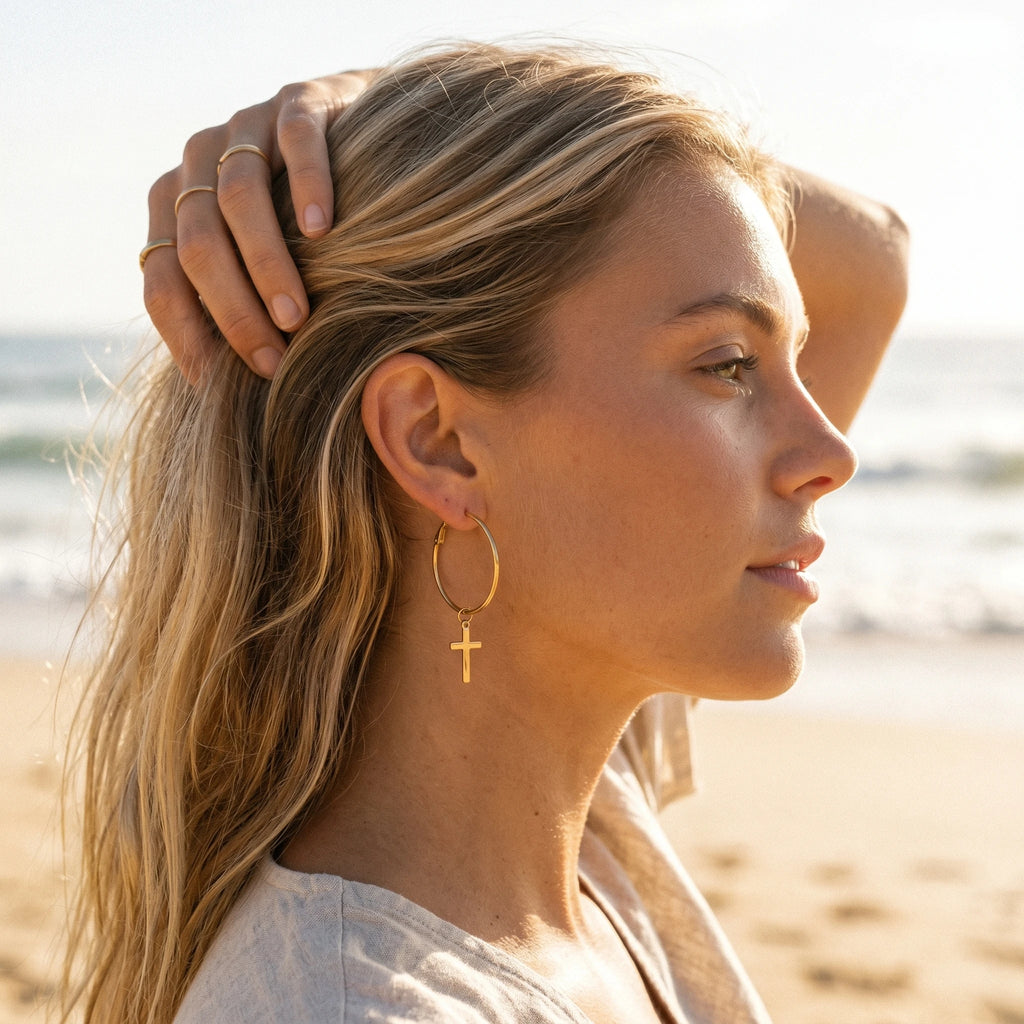 QIAOREN 10907 Women's Boho Style Cross Charm Hoop Earrings 18K Gold Plated Stainless Steel 0.3mm Thickness Beach Vacation Summer