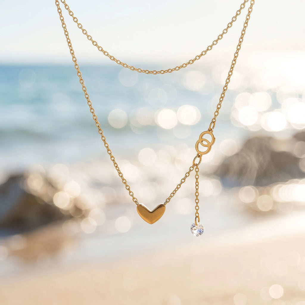 QIAOREN 13803 Oval Link Chain Heart Pendant Necklace with Interlocking Double Circle  & Dangling Single Zircon Drop