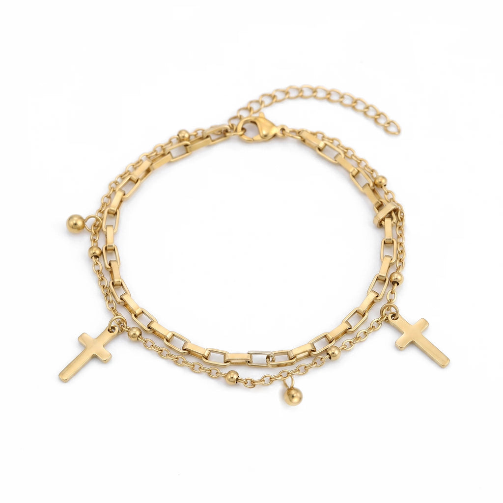 QIAOREN 11410 18K Gold Plated 2 Layered Cross & Ball Charm Bracelet Stainless Steel Tarnish Free Waterproof
