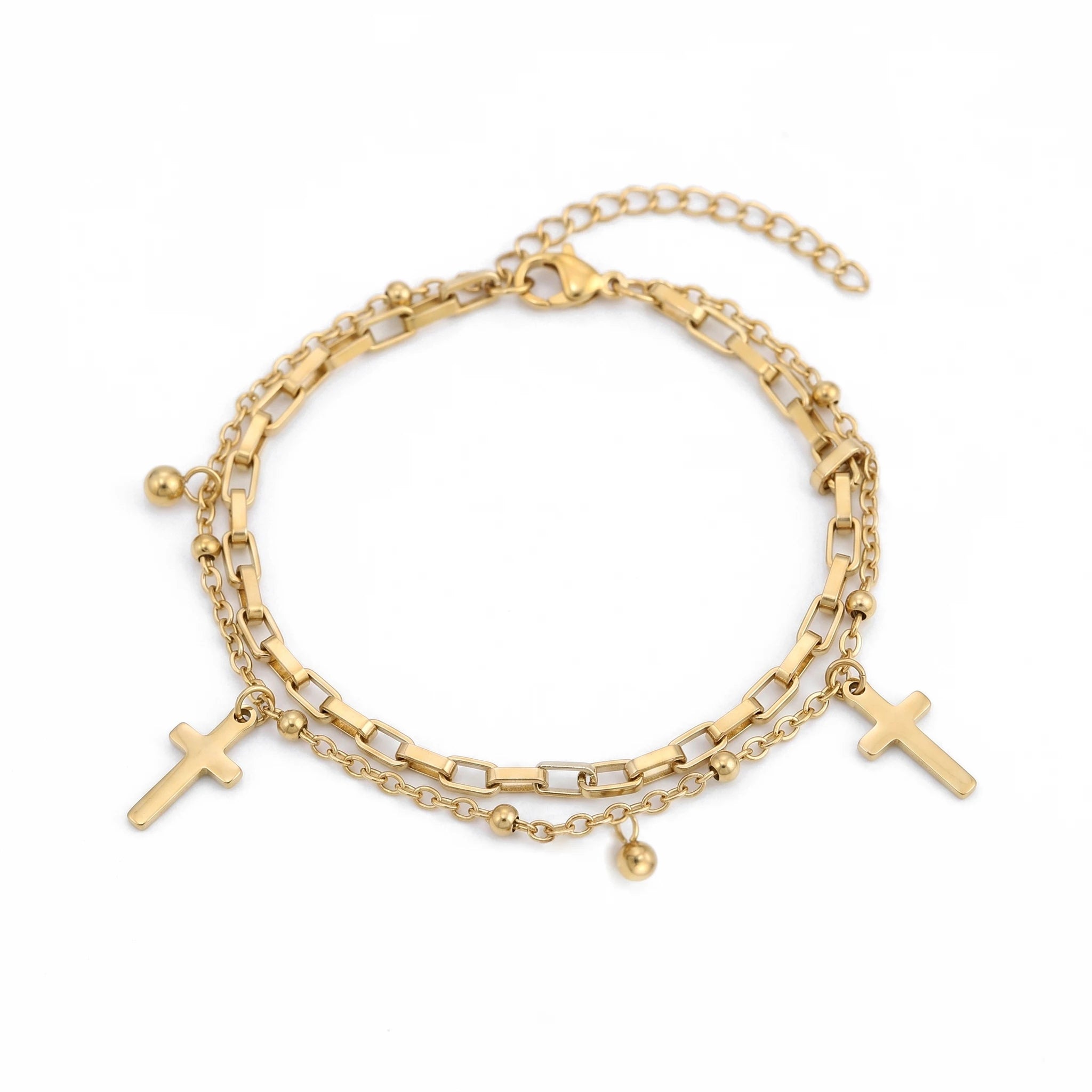 QIAOREN 11410 18K Gold Plated 2 Layered Cross & Ball Charm Bracelet Stainless Steel Tarnish Free Waterproof