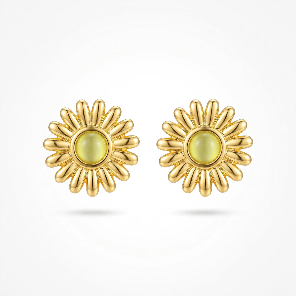 QIAOREN 13265 Gold Tone Daisy Flower Stud Earrings Inlaid Round Yellow Cat Eye Stone Sunflower Shape Pin Studs Warm Retro Gentle