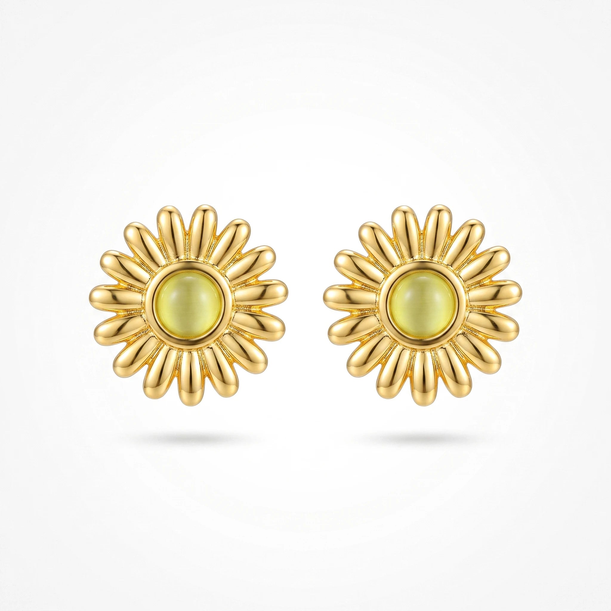 QIAOREN 13265 Gold Tone Daisy Flower Stud Earrings Inlaid Round Yellow Cat Eye Stone Sunflower Shape Pin Studs Warm Retro Gentle