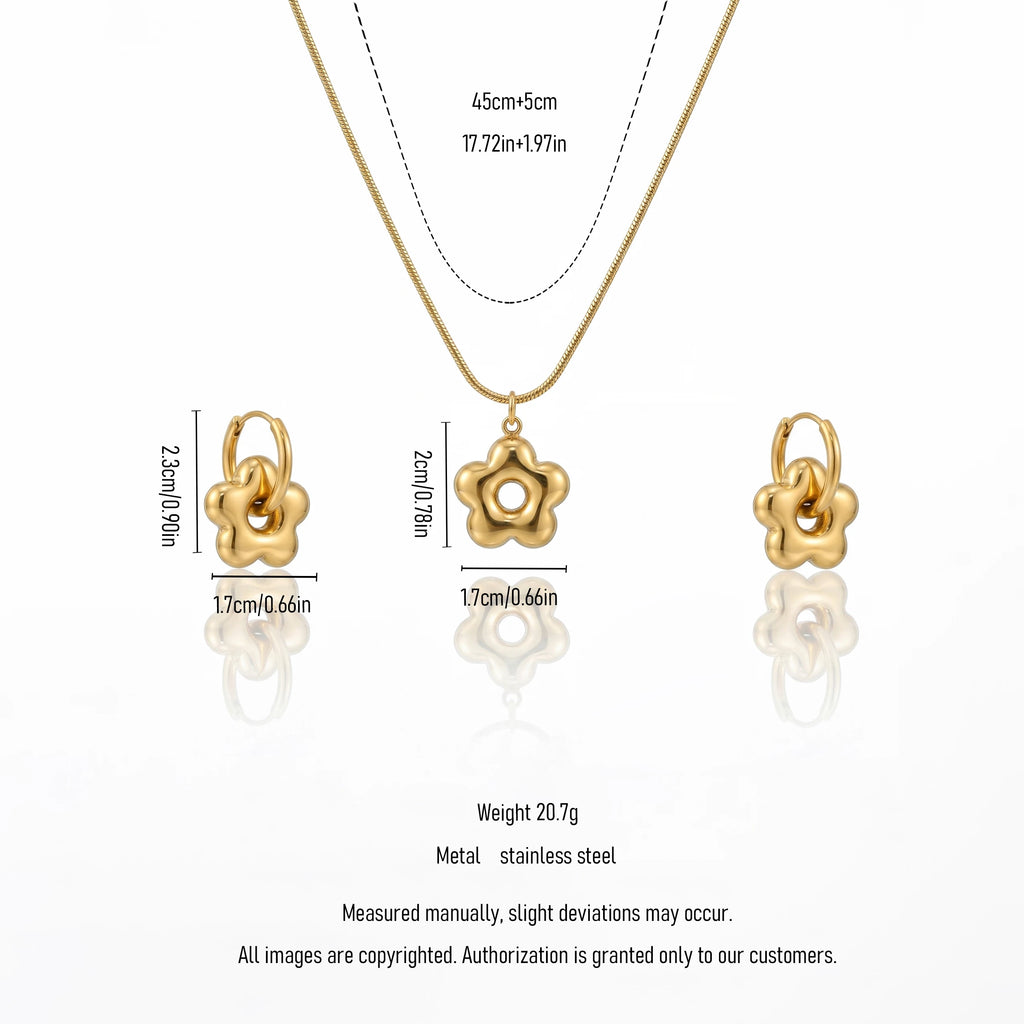 QIAOREN 12866 18K Gold Plated Puffy Flower Necklace Earrings Set, Waterproof Tarnish Free Stainless Steel Jewelry for Women