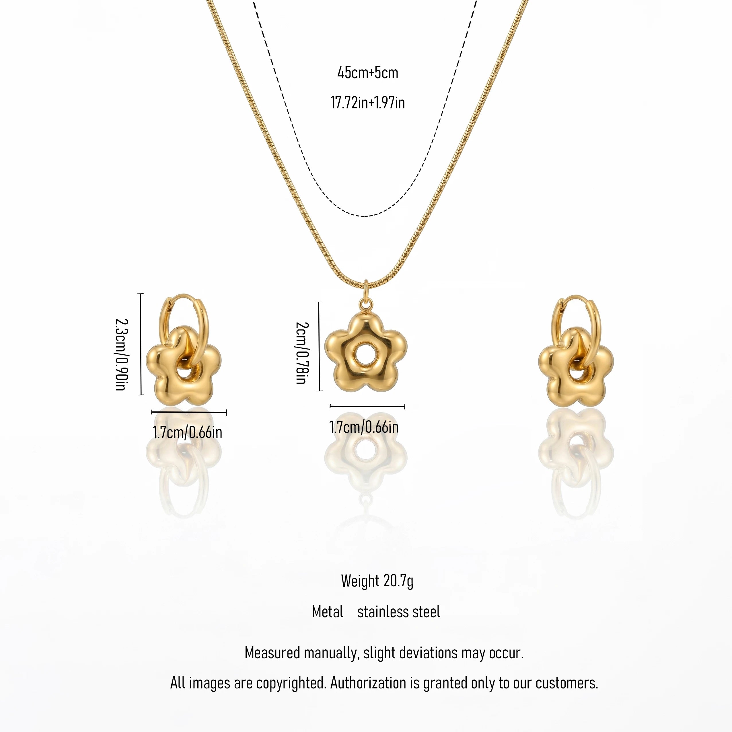 QIAOREN 12866 18K Gold Plated Puffy Flower Necklace Earrings Set, Waterproof Tarnish Free Stainless Steel Jewelry for Women