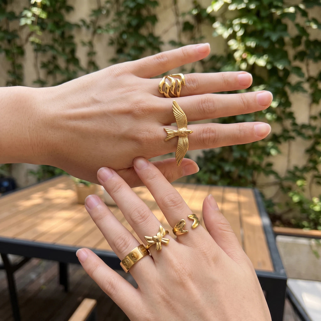 QIAOREN 14304-13 Women's Stainless Steel Vintage Bird -Face Bow Open Cuff Ring Set Adjustable Stackable 18K Gold Plated