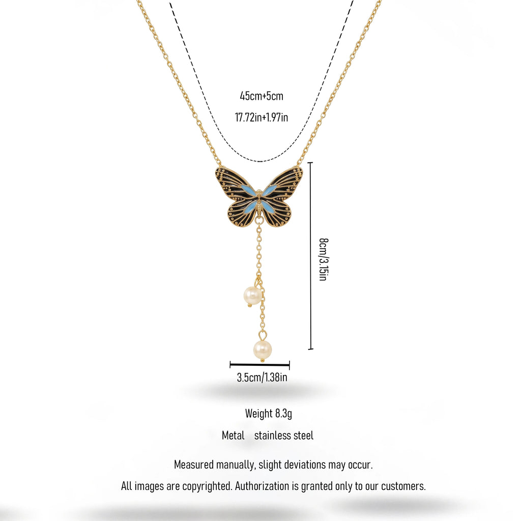 QIAOREN 13470 Vintage Enamel Butterfly Y Drop Necklace with Two Dangle Pearl Charms, Elegant Retro Neck Jewelry Gift