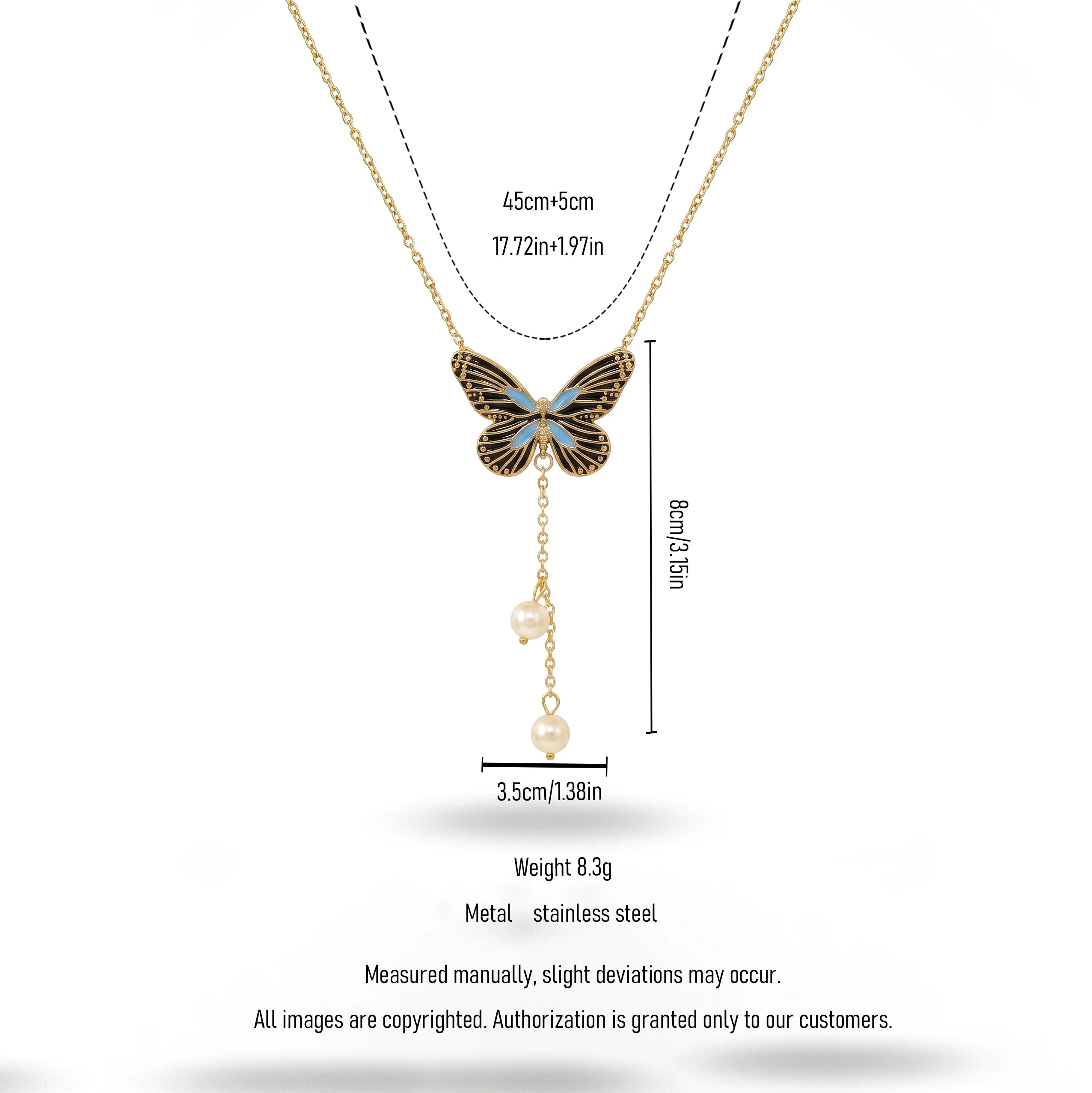 QIAOREN 13470 Vintage Enamel Butterfly Y Drop Necklace with Two Dangle Pearl Charms, Elegant Retro Neck Jewelry Gift