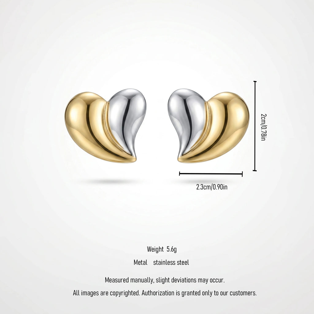 QIAOREN 12450 Tone Split Heart Stud Earrings Waterproof Stainless Steel PVD Gold Silver Contrast Glossy Love Ear Jewelry Trendy