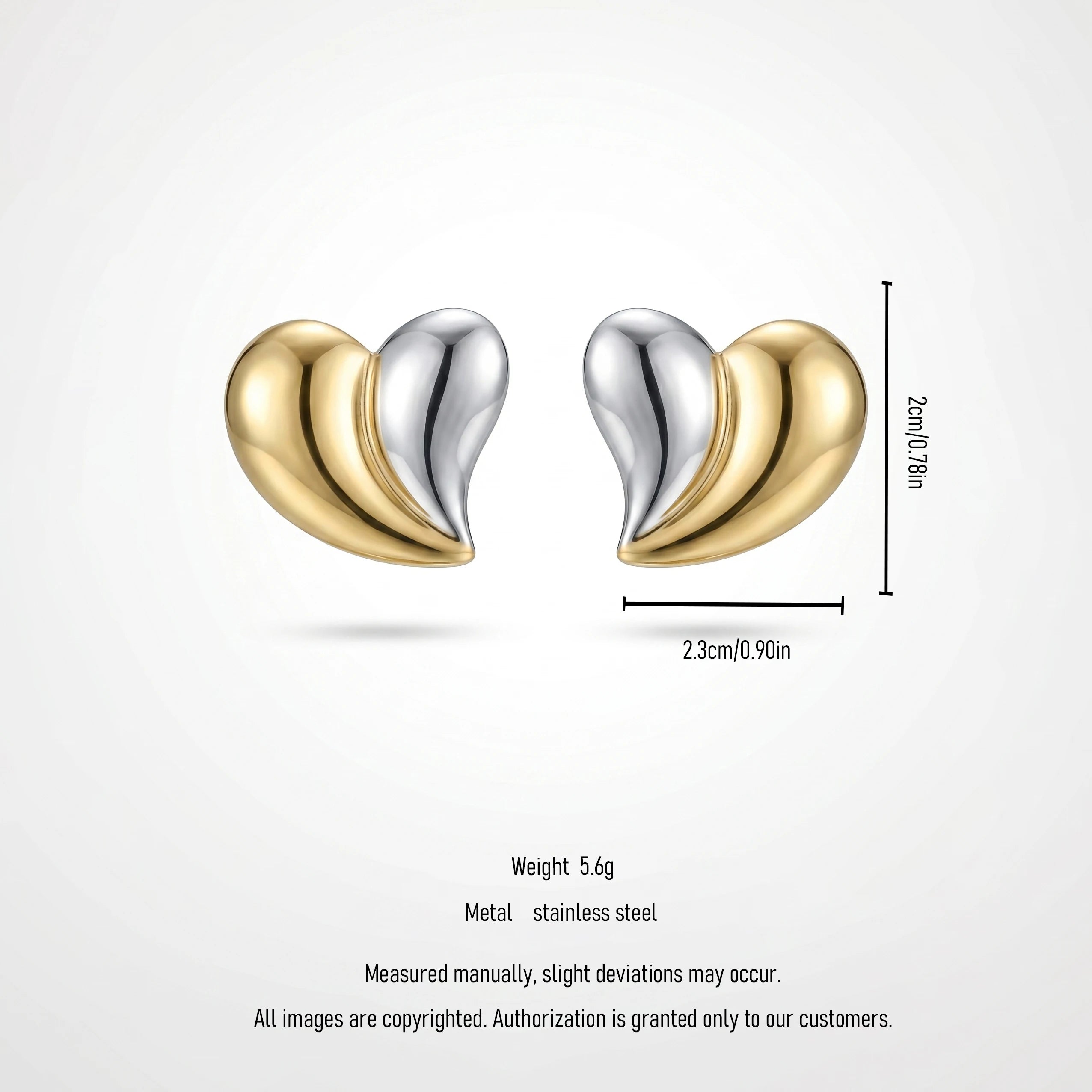 QIAOREN 12450 Tone Split Heart Stud Earrings Waterproof Stainless Steel PVD Gold Silver Contrast Glossy Love Ear Jewelry Trendy