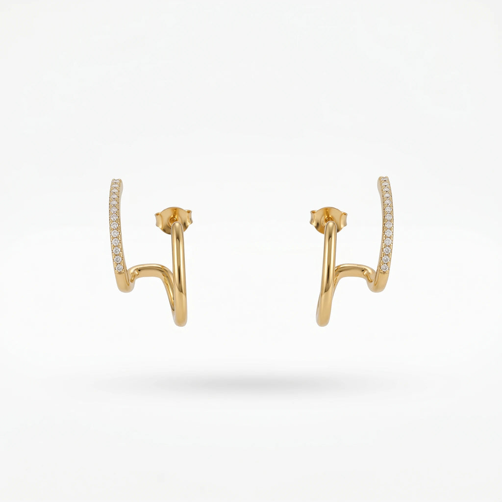 QIAOREN 12314 Trendy Triple Layer CZ Hoop Earrings Gold Stainless Steel Stacked Wave Spiral Claw Studs Illusion Jewelry Women US