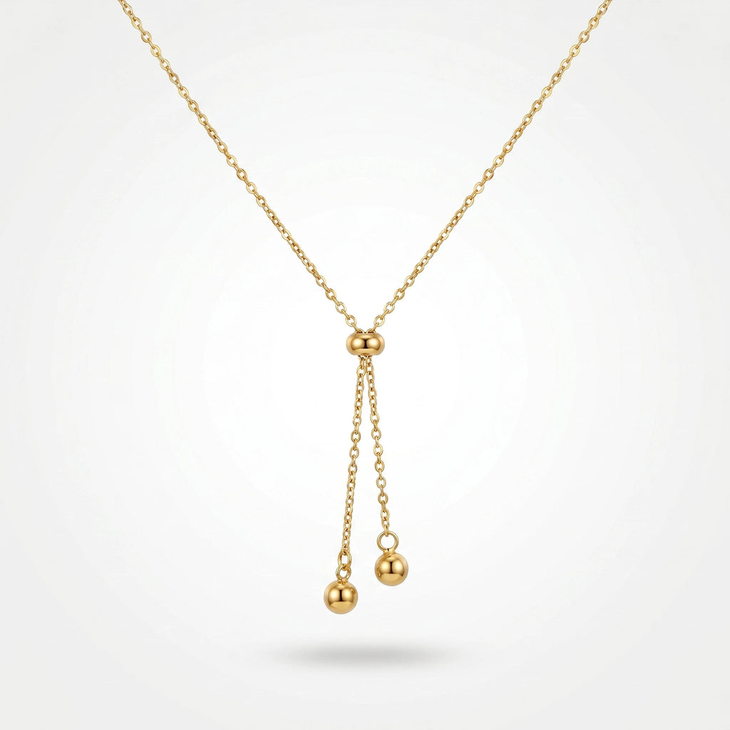 QIAOREN 10627 Trendy Adjustable Lariat Necklace Stainless Steel Gold Plated Geometric Ball Pendant for Women