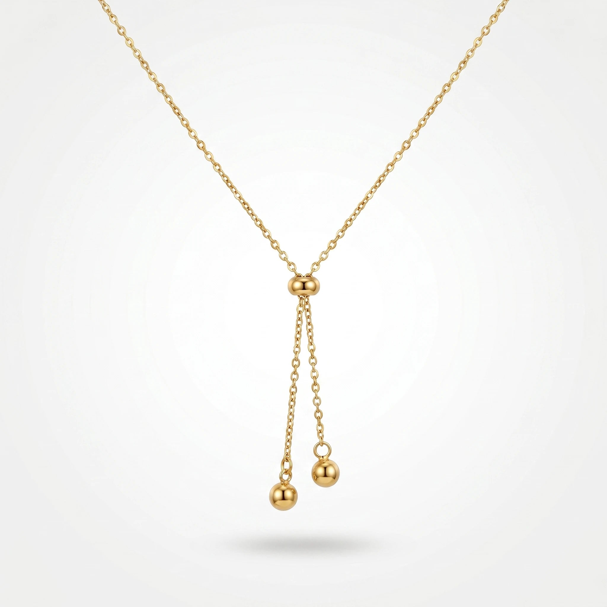 QIAOREN 10627 Trendy Adjustable Lariat Necklace Stainless Steel Gold Plated Geometric Ball Pendant for Women