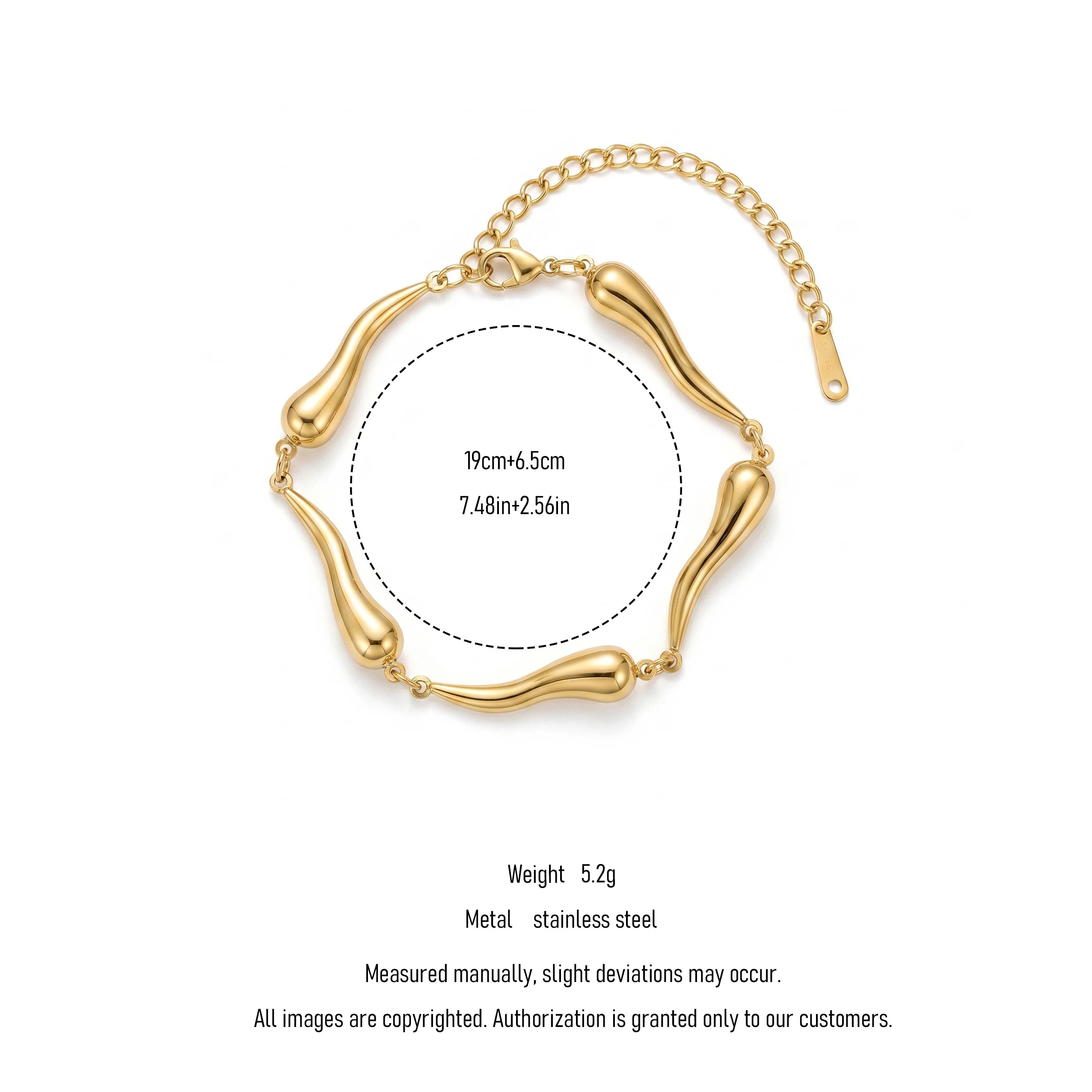 QIAOREN 12027  Gold Plated Stainless Steel Teardrop Tube Link Bracelet Polished Curved Bead Chain Adjustable Extension Jewelry