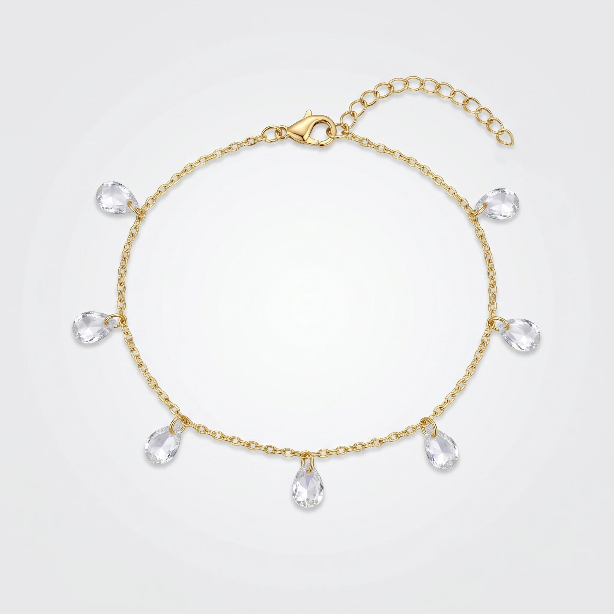 QIAOREN 11414 Tarnish Resistant Waterproof 18K Gold Plated Stainless Steel Teardrop CZ Charm Anklet
