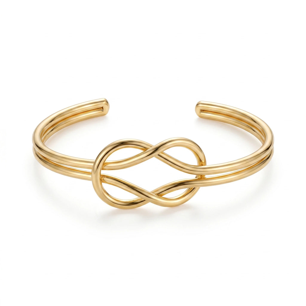 QIAOREN 12676 Trendy Minimalist Interlocked Eternal Knot Wide Cuff Bangle 18K Gold Plated Hypoallergenic Stainless Steel Women's