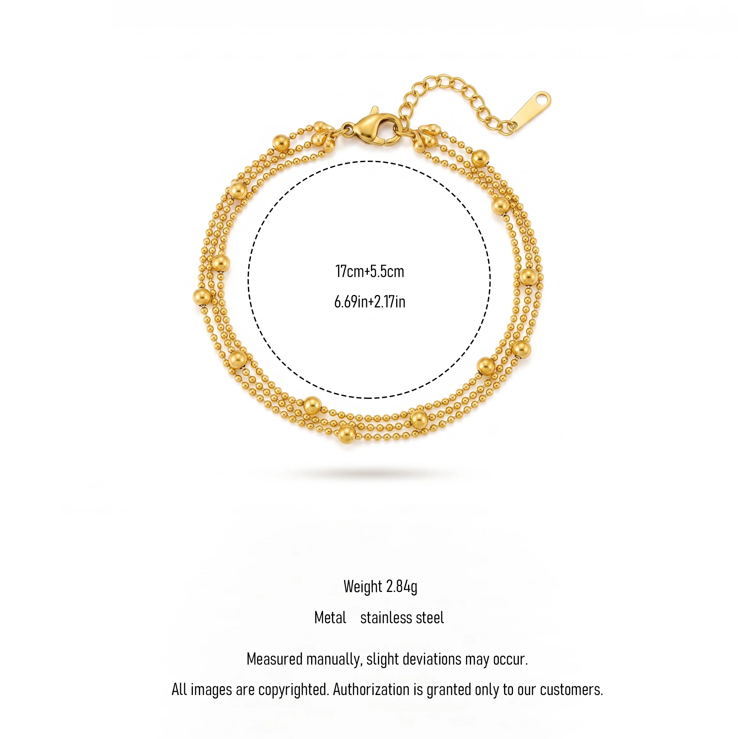 QIAOREN 13304 Multi Layer Gold Bead Bracelet Stainless Steel Multi-Size Ball Chain Adjustable Extender Waterproof