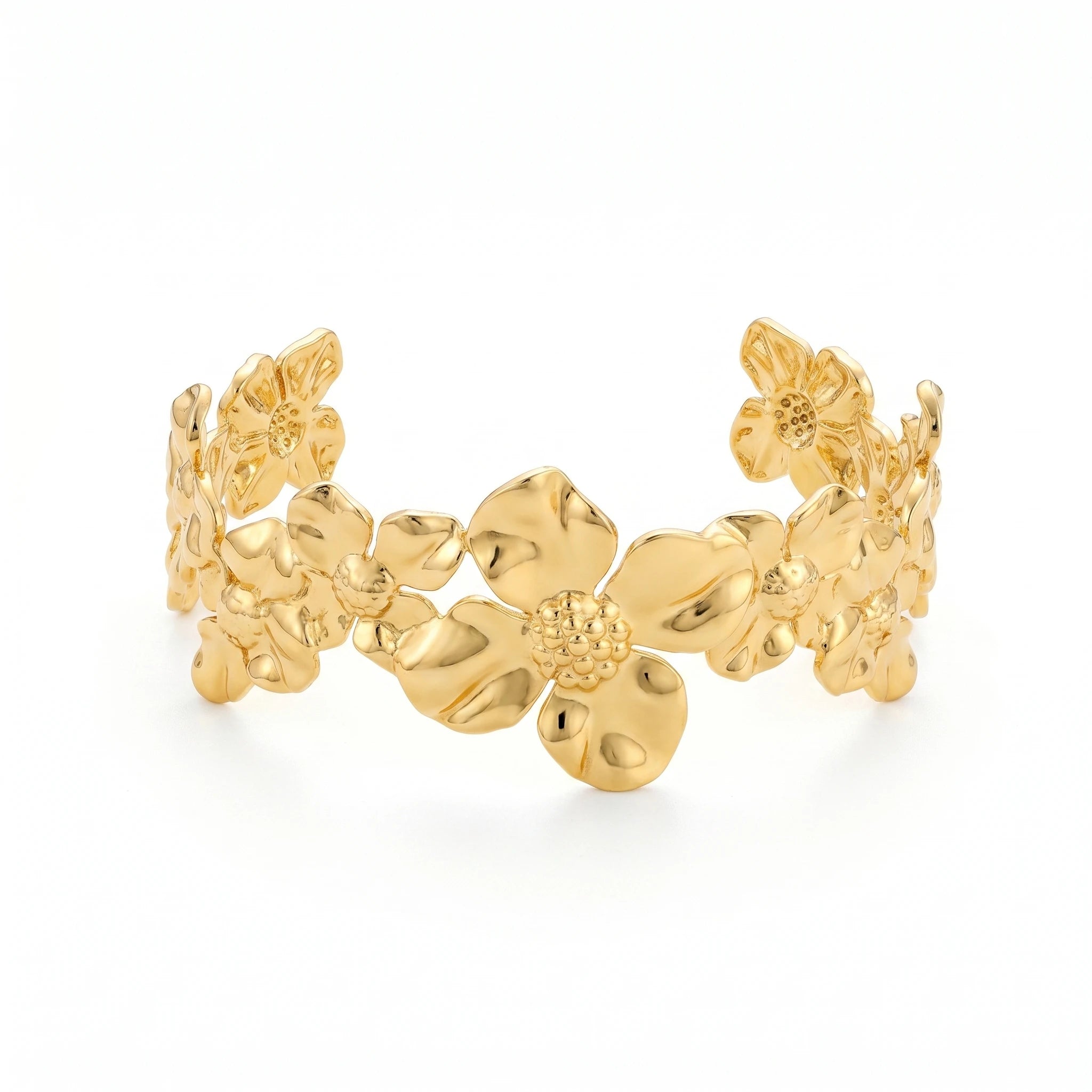 QIAOREN 12710 Boho Irregular Big Small Sculpted Flower Open Gold Bangle Stainless Steel Hollow Stackable Bracelet Wholesale