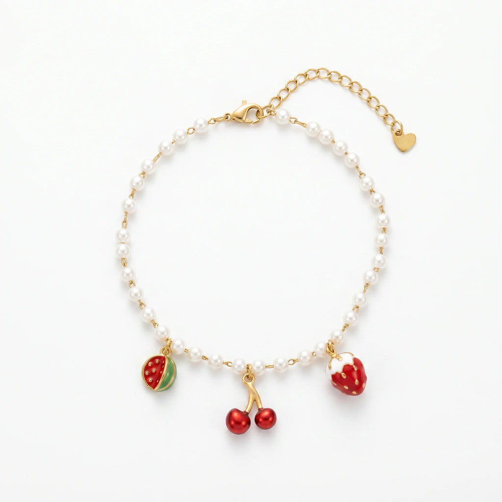 QIAOREN 13323 Fruit Themed Pearl Anklet with Watermelon, Cherry & Strawberry Charms, Cute Summer Foot Jewelry Gift